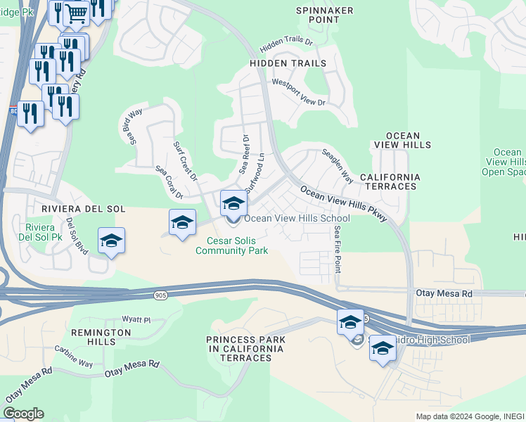 map of restaurants, bars, coffee shops, grocery stores, and more near 1251 Paseo Sea Breeze in San Diego