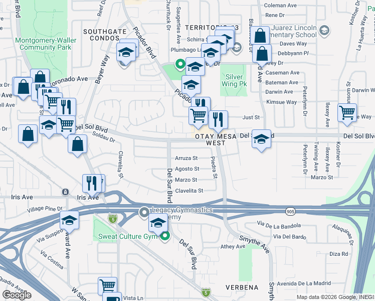 map of restaurants, bars, coffee shops, grocery stores, and more near 3651 Rosa Linda Street in San Diego