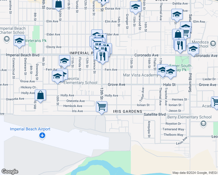 map of restaurants, bars, coffee shops, grocery stores, and more near 1343 Grove Avenue in Imperial Beach