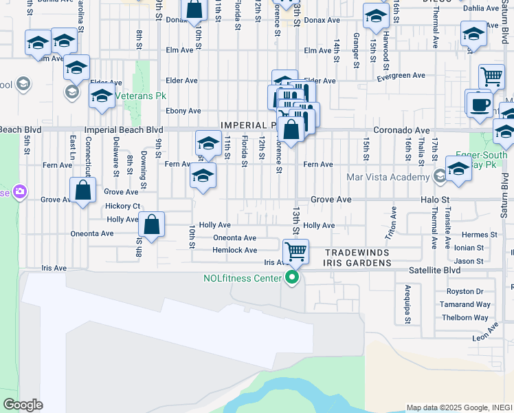 map of restaurants, bars, coffee shops, grocery stores, and more near 1191 Grove Avenue in Imperial Beach