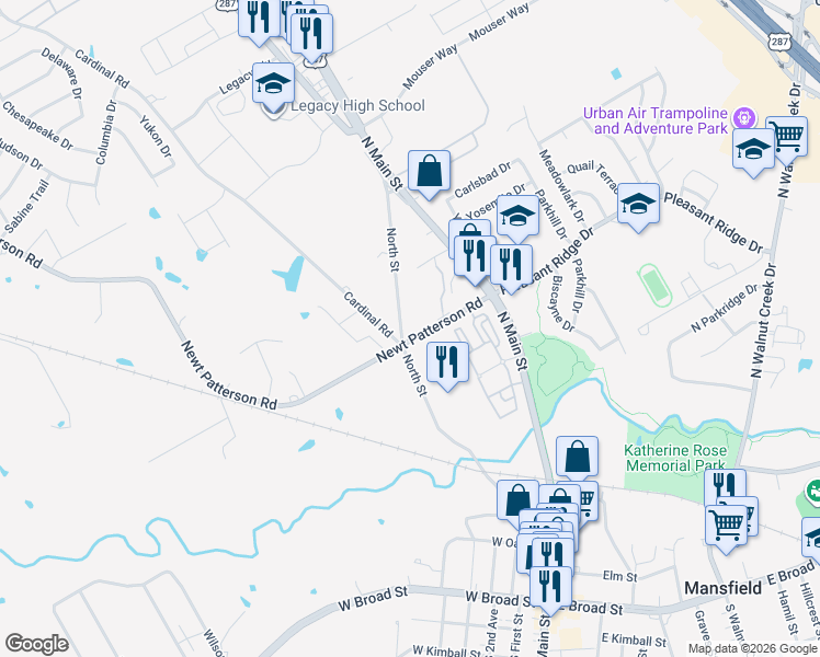 map of restaurants, bars, coffee shops, grocery stores, and more near 210 Newt Patterson Road in Mansfield