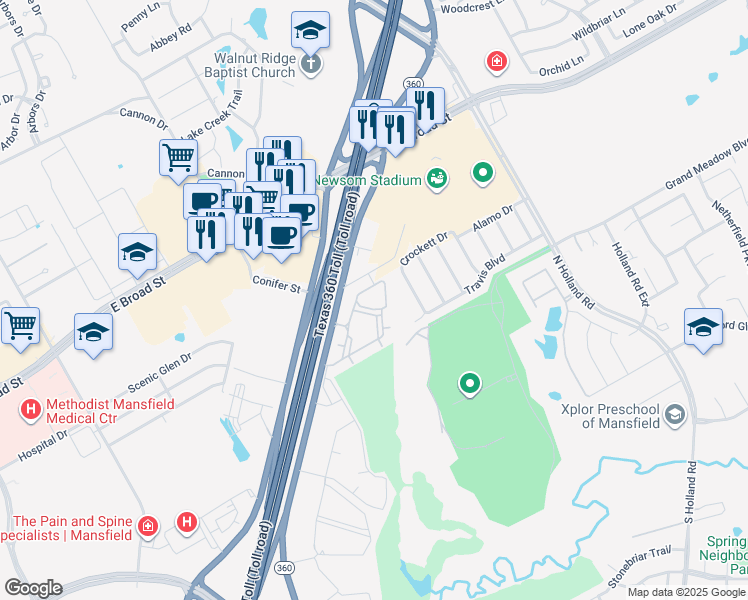 map of restaurants, bars, coffee shops, grocery stores, and more near 420 North State Highway 360 in Mansfield