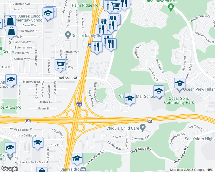 map of restaurants, bars, coffee shops, grocery stores, and more near 4556 Casa Del Sol Court in San Diego