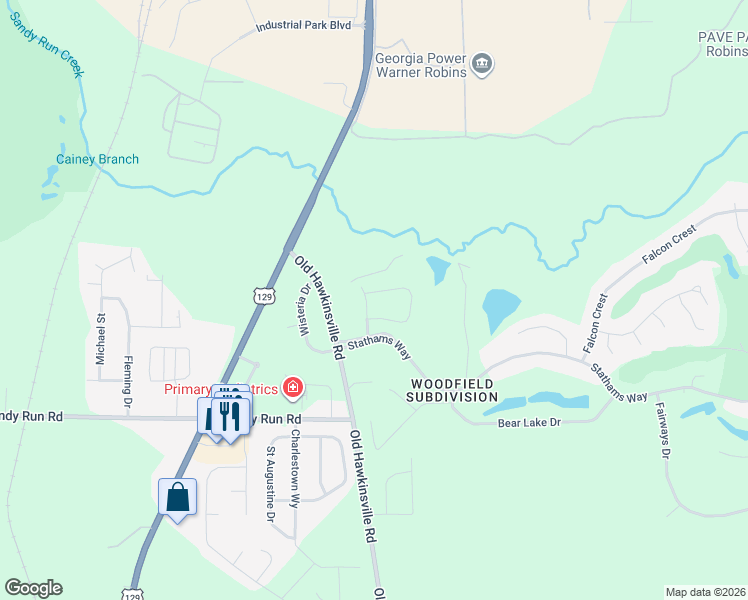 map of restaurants, bars, coffee shops, grocery stores, and more near 127 Shadowood Drive in Warner Robins