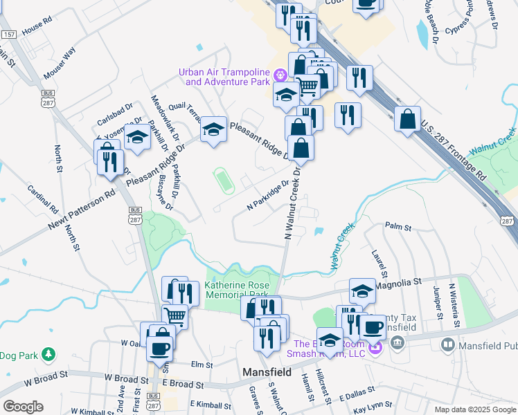 map of restaurants, bars, coffee shops, grocery stores, and more near 510 North Parkridge Drive in Mansfield