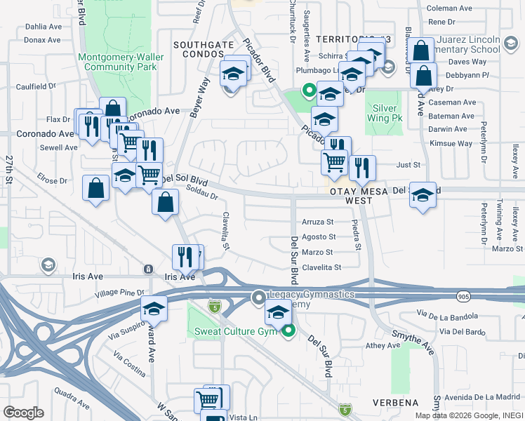map of restaurants, bars, coffee shops, grocery stores, and more near 3471 Rosa Linda Street in San Diego