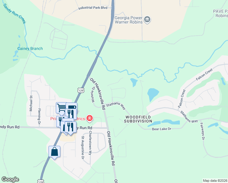 map of restaurants, bars, coffee shops, grocery stores, and more near 127 Shadowood Drive in Warner Robins
