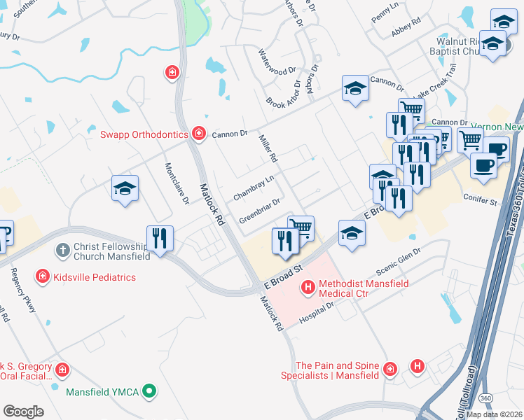 map of restaurants, bars, coffee shops, grocery stores, and more near 2604 Greenbriar Drive in Mansfield