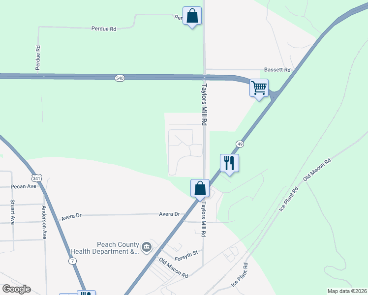 map of restaurants, bars, coffee shops, grocery stores, and more near 575 Taylors Mill Road in Fort Valley