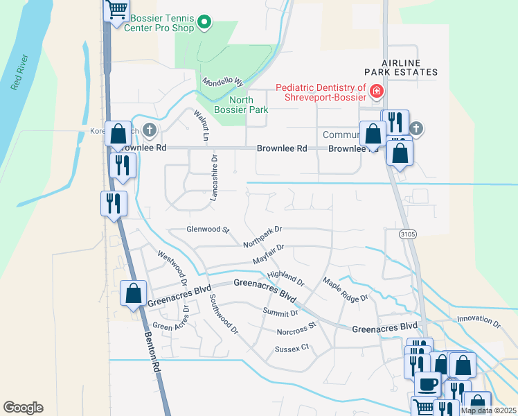 map of restaurants, bars, coffee shops, grocery stores, and more near 146 Woodvale Circle in Bossier City