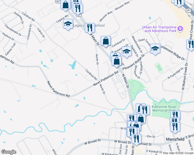 map of restaurants, bars, coffee shops, grocery stores, and more near 210 Newt Patterson Road in Mansfield