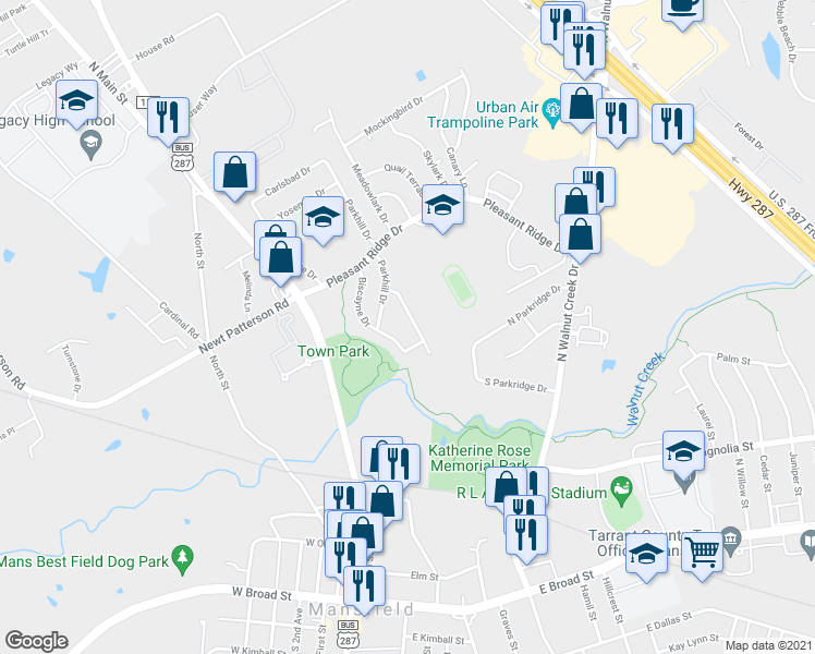 map of restaurants, bars, coffee shops, grocery stores, and more near 607 Everglade Dr in Mansfield