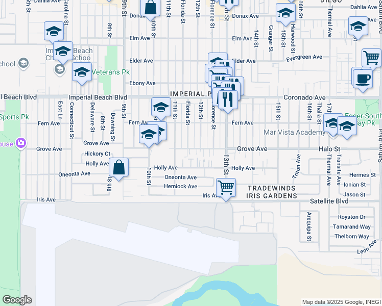 map of restaurants, bars, coffee shops, grocery stores, and more near 1163 Grove Avenue in Imperial Beach