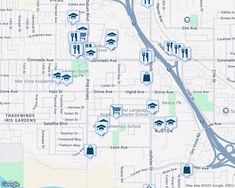 map of restaurants, bars, coffee shops, grocery stores, and more near 2087 Grove Avenue in San Diego