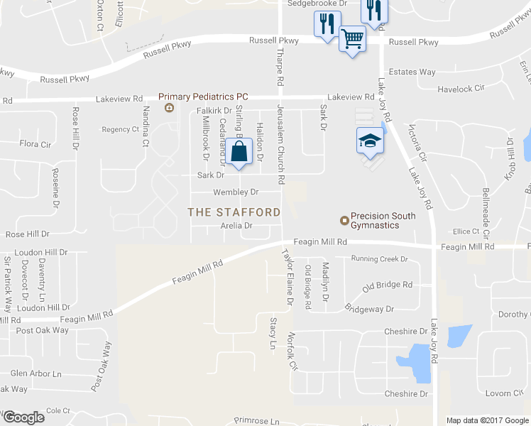 map of restaurants, bars, coffee shops, grocery stores, and more near 213 Witherspoon Court in Warner Robins