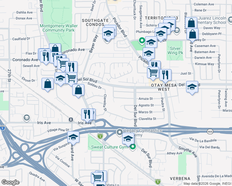 map of restaurants, bars, coffee shops, grocery stores, and more near 3471 Rosa Linda Street in San Diego