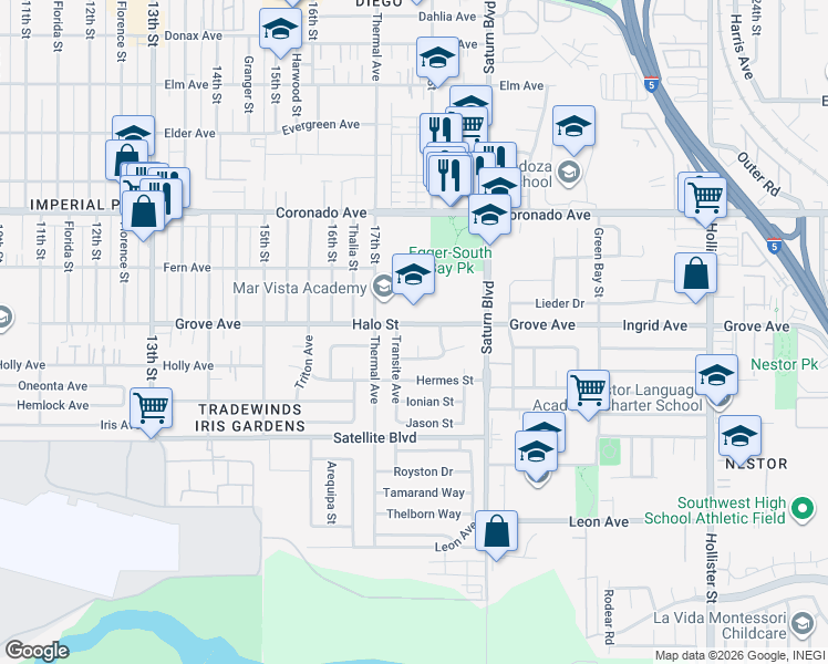 map of restaurants, bars, coffee shops, grocery stores, and more near 1309 Transite Avenue in San Diego