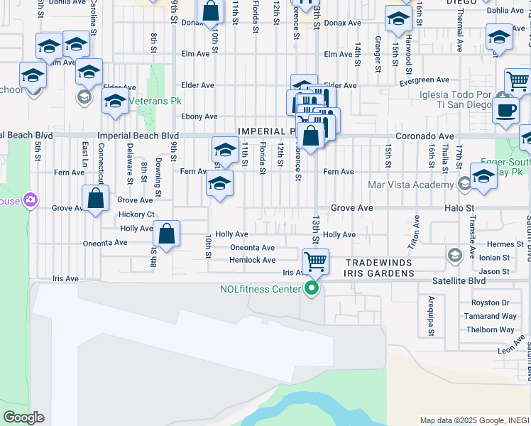 map of restaurants, bars, coffee shops, grocery stores, and more near 1115 Grove Avenue in Imperial Beach