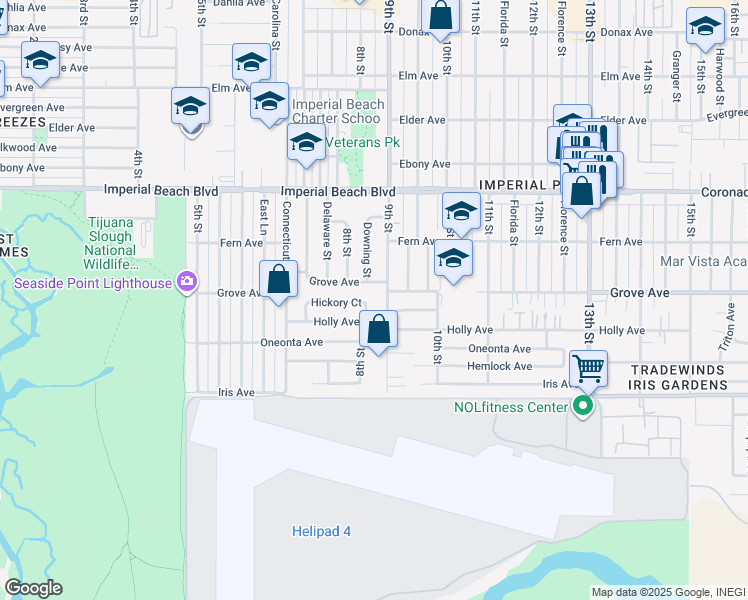 map of restaurants, bars, coffee shops, grocery stores, and more near 841 Hickory Court in Imperial Beach