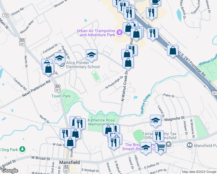 map of restaurants, bars, coffee shops, grocery stores, and more near 510 North Parkridge Drive in Mansfield