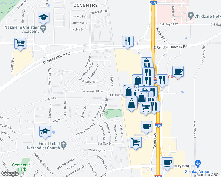 map of restaurants, bars, coffee shops, grocery stores, and more near 12701 Belville Lane in Burleson