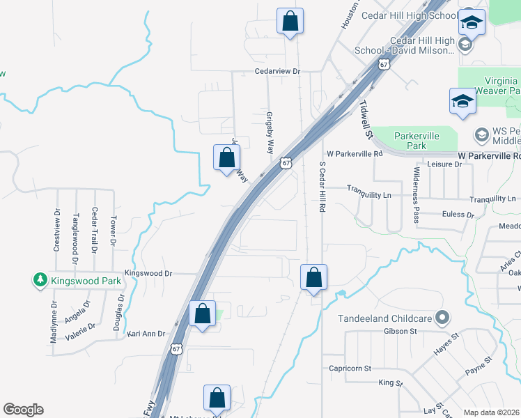 map of restaurants, bars, coffee shops, grocery stores, and more near 900 South Highway 67 in Cedar Hill