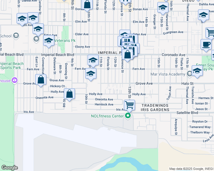 map of restaurants, bars, coffee shops, grocery stores, and more near 1147 Grove Avenue in Imperial Beach