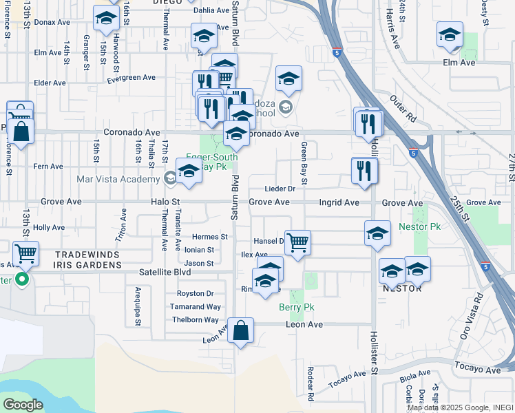map of restaurants, bars, coffee shops, grocery stores, and more near 1975 Grove Ave in San Diego