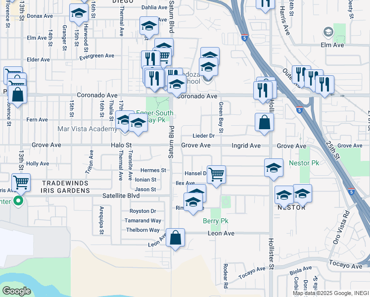 map of restaurants, bars, coffee shops, grocery stores, and more near 1965 Grove Avenue in San Diego