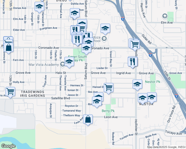 map of restaurants, bars, coffee shops, grocery stores, and more near 1975 Grove Avenue in San Diego