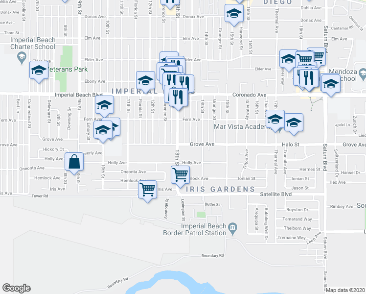 map of restaurants, bars, coffee shops, grocery stores, and more near 1325 Grove Avenue in Imperial Beach