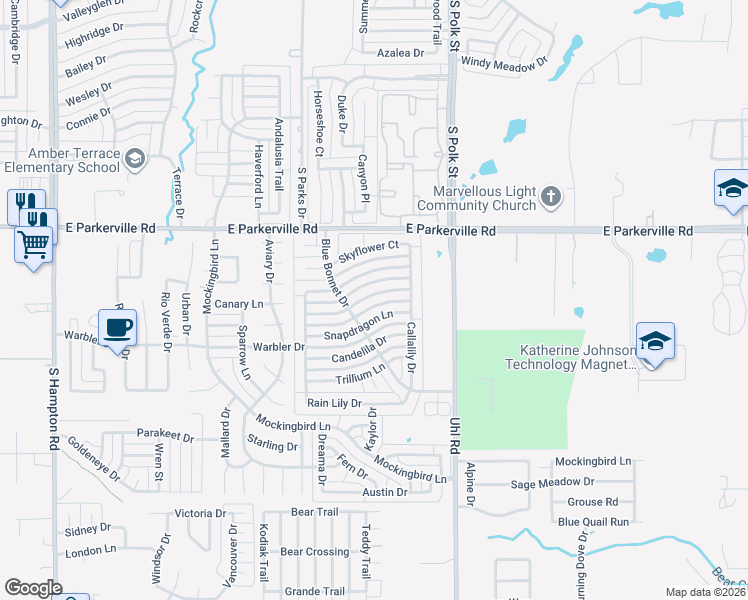 map of restaurants, bars, coffee shops, grocery stores, and more near 716 Jewelflower Drive in DeSoto