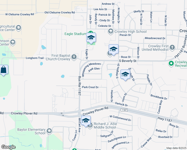 map of restaurants, bars, coffee shops, grocery stores, and more near 1225 Meadow Glen in Crowley
