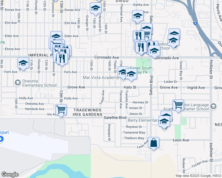 map of restaurants, bars, coffee shops, grocery stores, and more near 1615 Halo Street in San Diego
