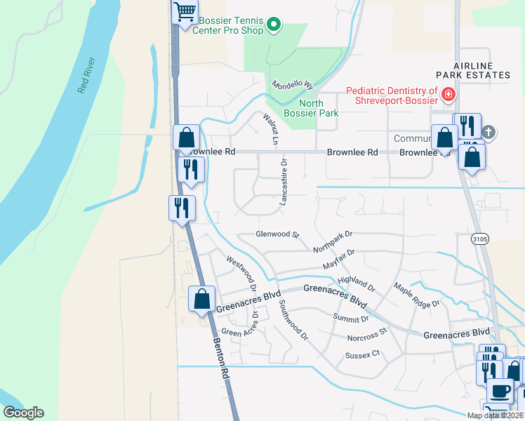 map of restaurants, bars, coffee shops, grocery stores, and more near 213 Lancashire Drive in Bossier City