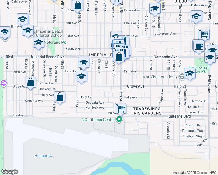 map of restaurants, bars, coffee shops, grocery stores, and more near 1191 Grove Avenue in Imperial Beach
