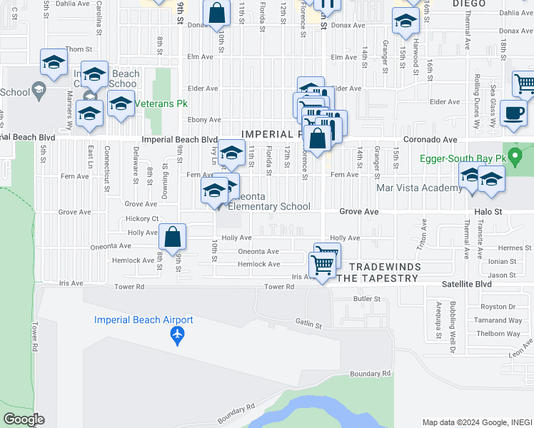 map of restaurants, bars, coffee shops, grocery stores, and more near 1115 Grove Avenue in Imperial Beach