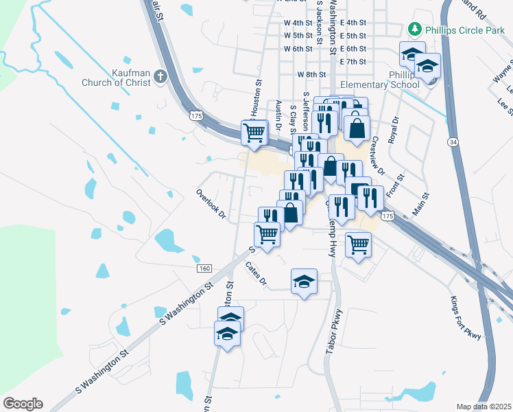 map of restaurants, bars, coffee shops, grocery stores, and more near 3001 S Houston St in Kaufman