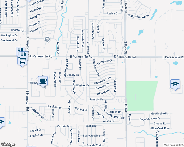 map of restaurants, bars, coffee shops, grocery stores, and more near 604 Snowy Orchid Lane in DeSoto
