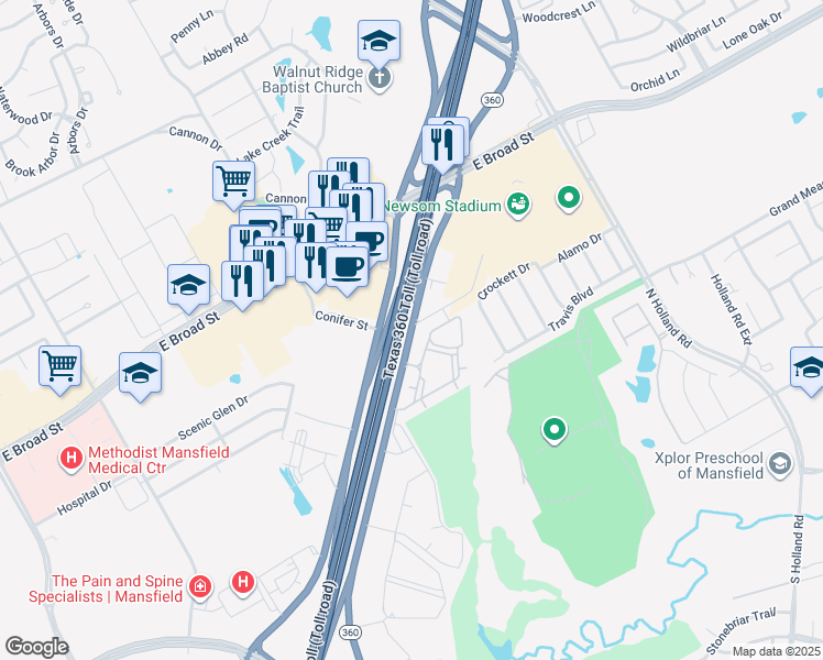 map of restaurants, bars, coffee shops, grocery stores, and more near 370 Texas 360 in Mansfield