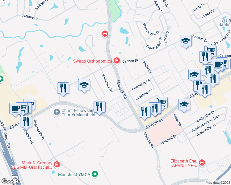 map of restaurants, bars, coffee shops, grocery stores, and more near 505 Montclaire Drive in Mansfield