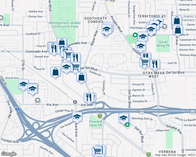 map of restaurants, bars, coffee shops, grocery stores, and more near 1322 Carnell Court in San Diego