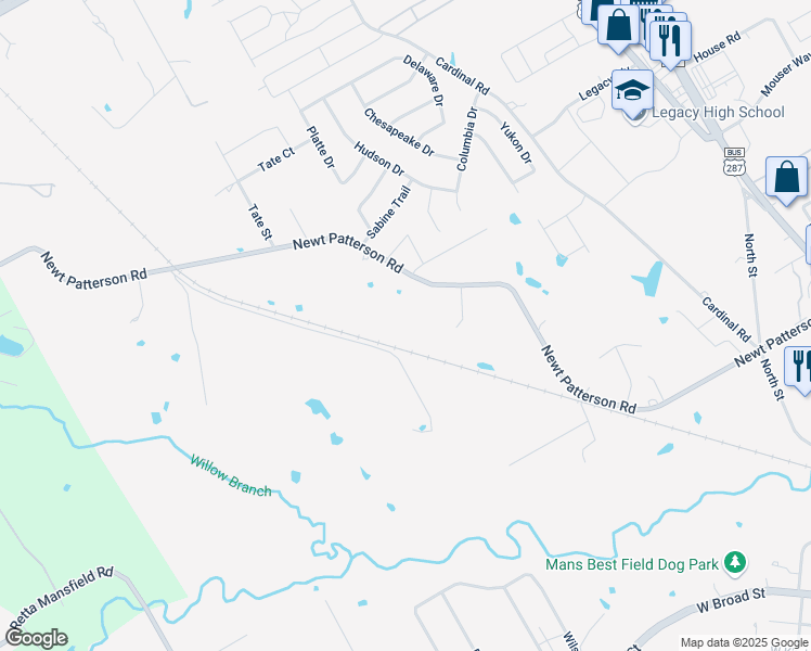 map of restaurants, bars, coffee shops, grocery stores, and more near 1127 Newt Patterson Road in Mansfield