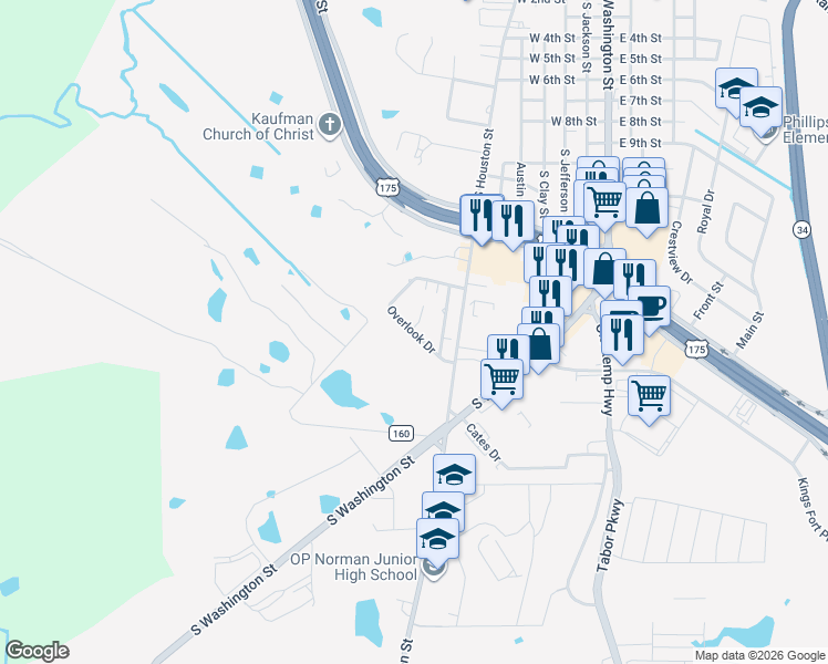 map of restaurants, bars, coffee shops, grocery stores, and more near Overlook Drive in Kaufman