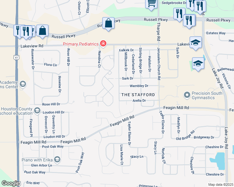 map of restaurants, bars, coffee shops, grocery stores, and more near 700 Falkirk Drive in Warner Robins