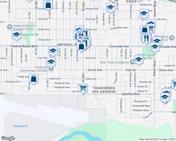 map of restaurants, bars, coffee shops, grocery stores, and more near 1347 Grove Avenue in Imperial Beach