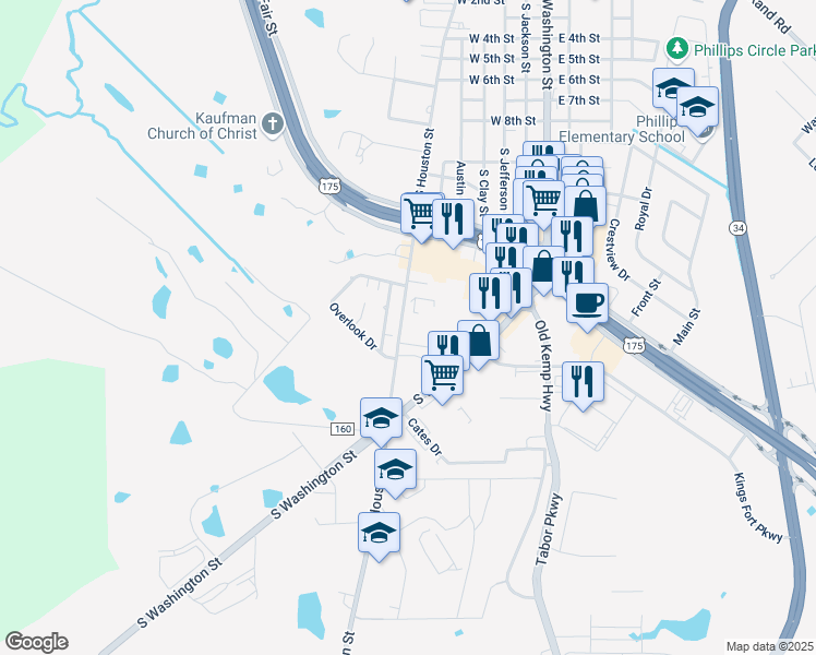 map of restaurants, bars, coffee shops, grocery stores, and more near 3001 South Houston Street in Kaufman