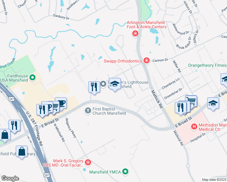map of restaurants, bars, coffee shops, grocery stores, and more near 1860 Cannon Drive in Mansfield