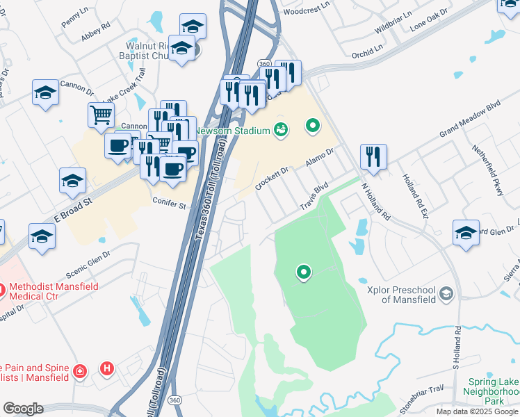 map of restaurants, bars, coffee shops, grocery stores, and more near 711 Crockett Drive in Mansfield