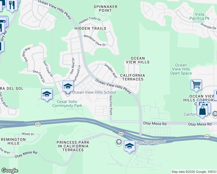map of restaurants, bars, coffee shops, grocery stores, and more near 5502 Caminito Sandwaves in San Diego